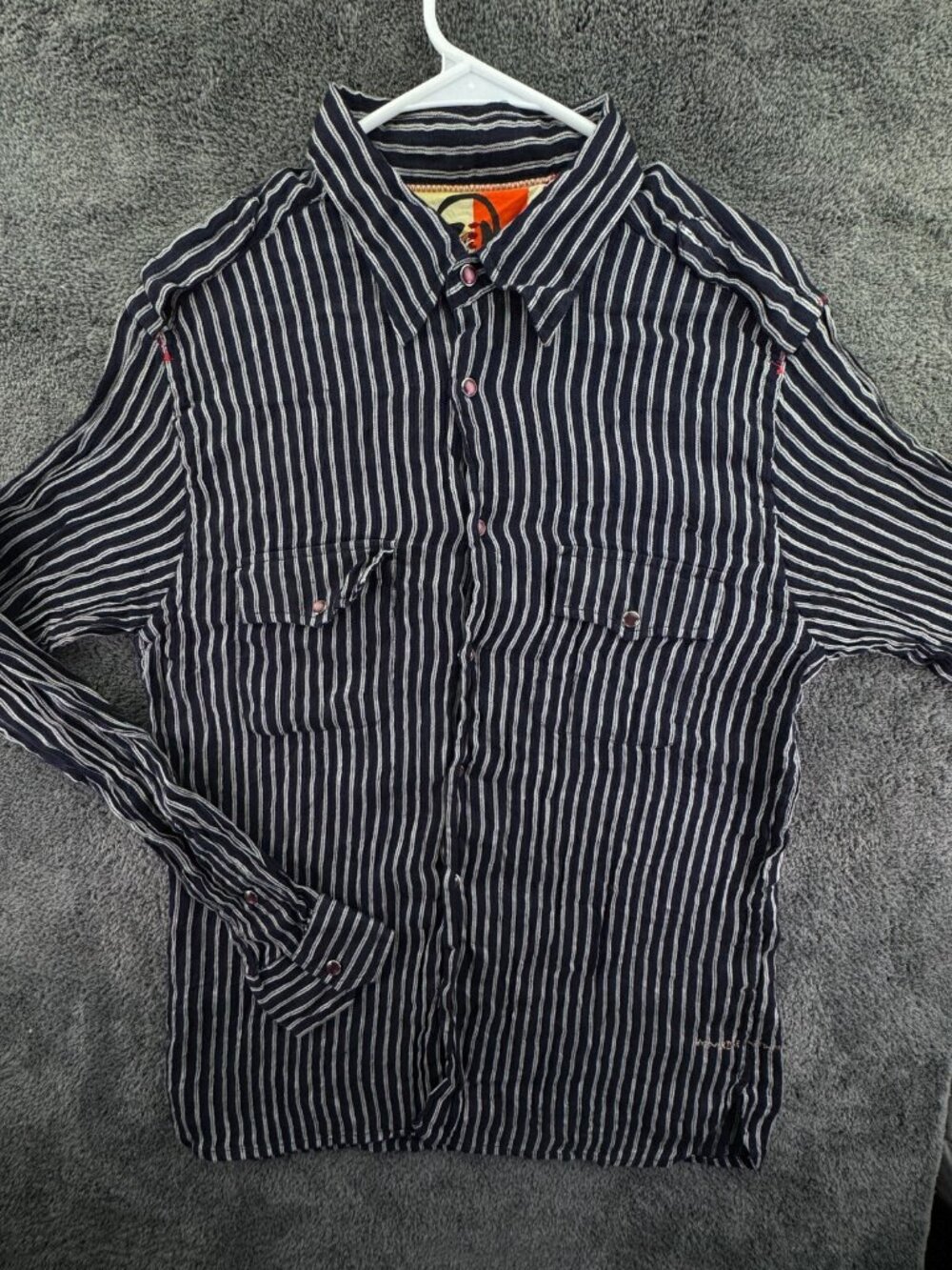 Robert Graham Linen Cotton Long Sleeve Snap Up Shirt Men XL Blue Silver Striped